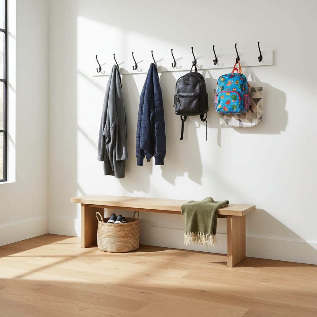 Organized entryway hallway with wall mounted coat hooks holding coats and bags