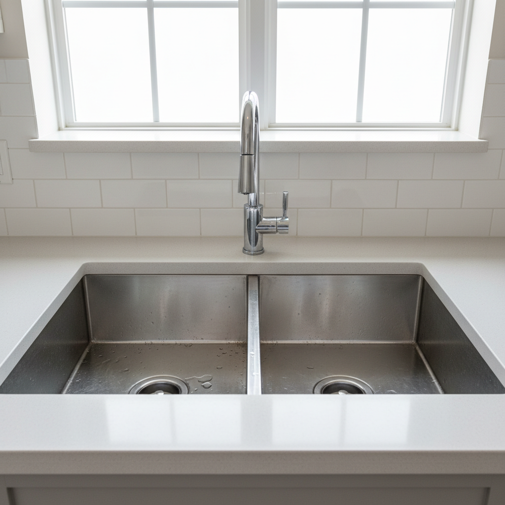 Stainless steel kitchen sink with water spots vs polished shine comparison