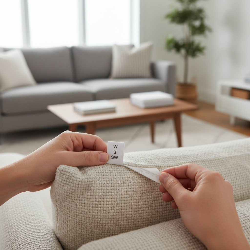 Reading the microfiber couch cleaning code tag (W, S, SW, X) before cleaning