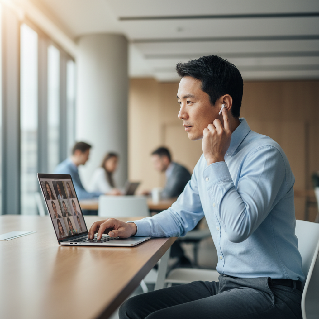 Person adjusting wireless earbuds during a video conference in an open office