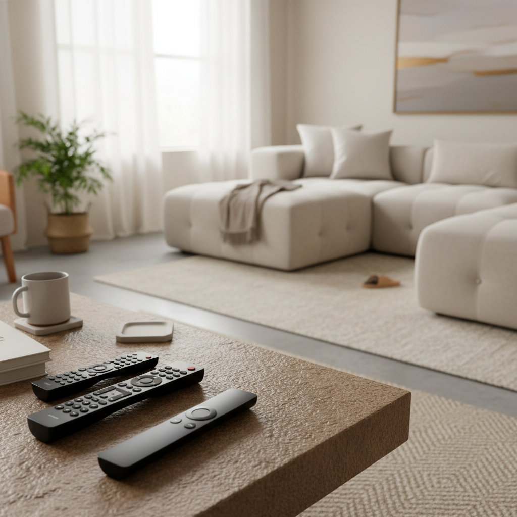 Living room coffee table cluttered with multiple TV and streaming remote controls