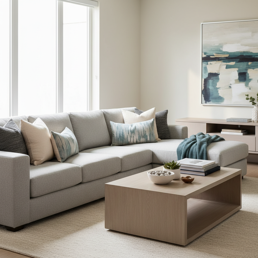 Accent pillows arranged on an L-shaped sectional sofa in a modern living room