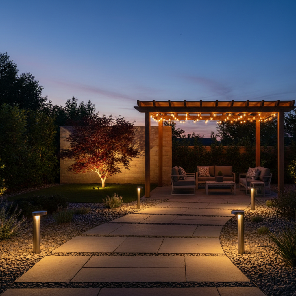 Backyard lighting plan with path lights, spotlights, and solar string lights