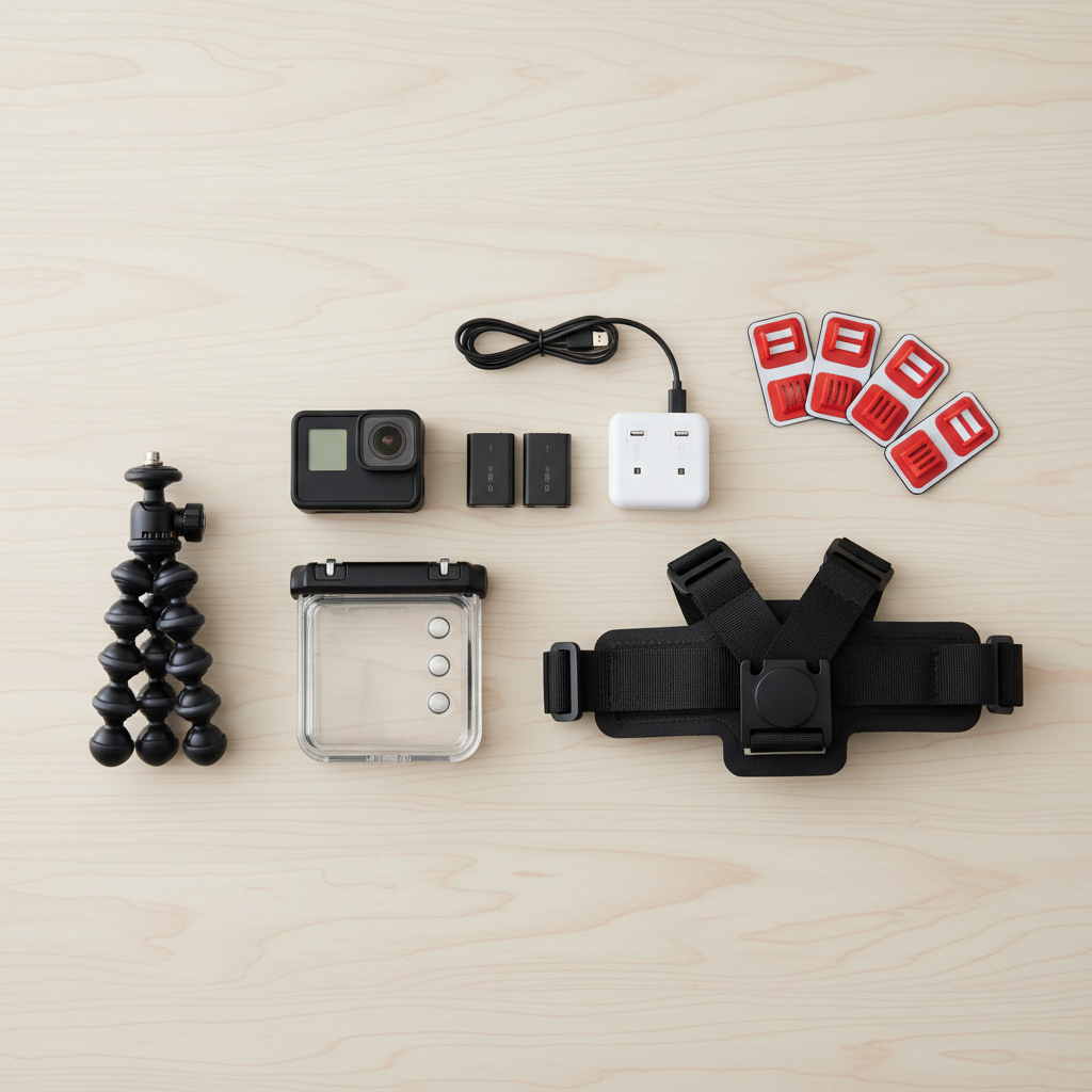 Action camera accessories laid out for travel vlogging including mounts and extra batteries