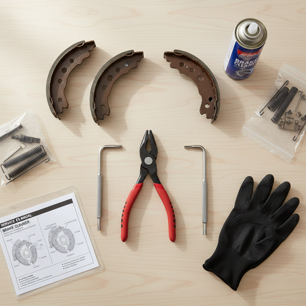 Brake spring tool and drum brake hardware laid out on a clean workbench