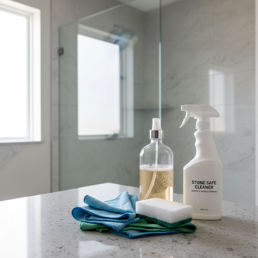 Non-abrasive tools and gentle cleaner setup for quartz shower wall cleaning