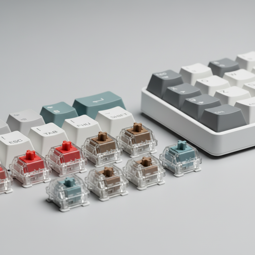 Mechanical keypad switches and keycaps close-up
