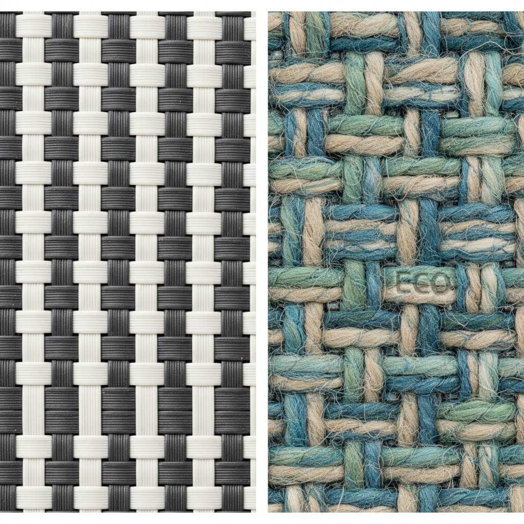 Close-up comparison of polypropylene and recycled PET outdoor rug fibers