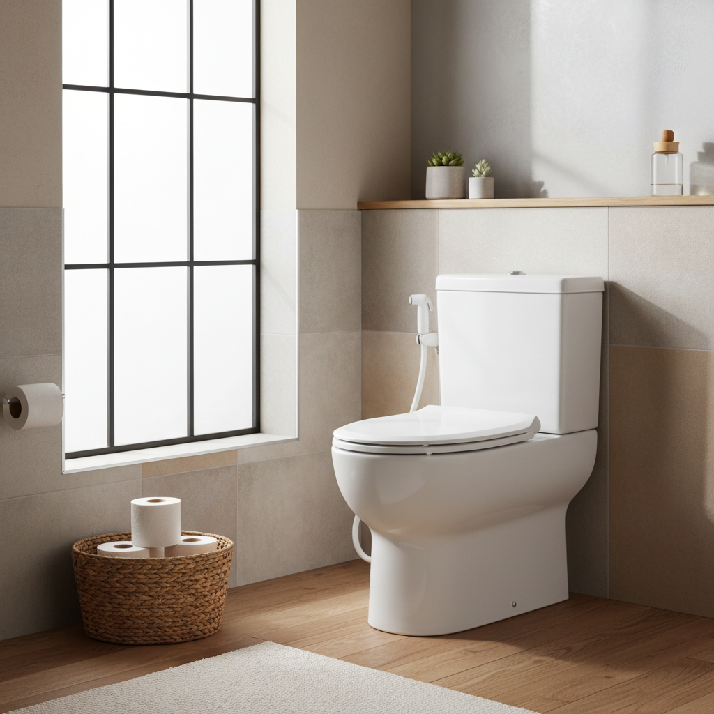 Eco friendly bathroom setup with bidet and fragrance-free toilet paper for sensitive skin