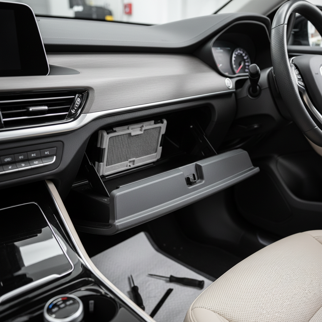 Cabin air filter location behind glove box in a car interior