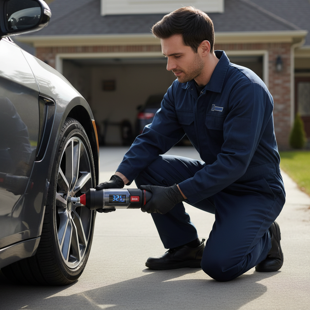 Driver checking tire pressure with a cordless inflator and digital PSI screen