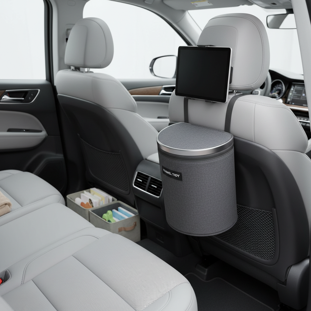 Leak-proof car trash can mounted behind a front seat for back seat organization