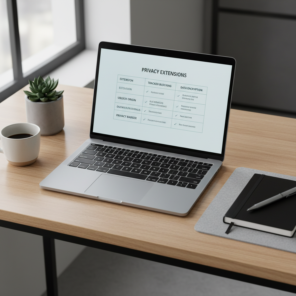 Comparison table of privacy browser extensions on a clean desk setup