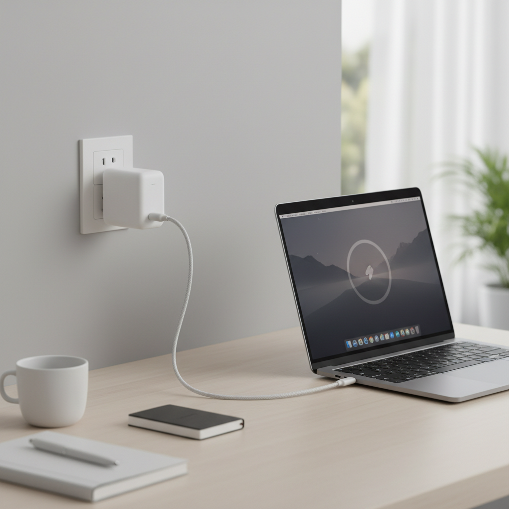 USB-C GaN charger connected to a laptop on a desk