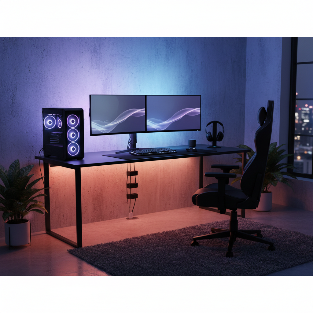 Budget RGB LED strip lights installed behind a gaming desk and monitor for bias lighting