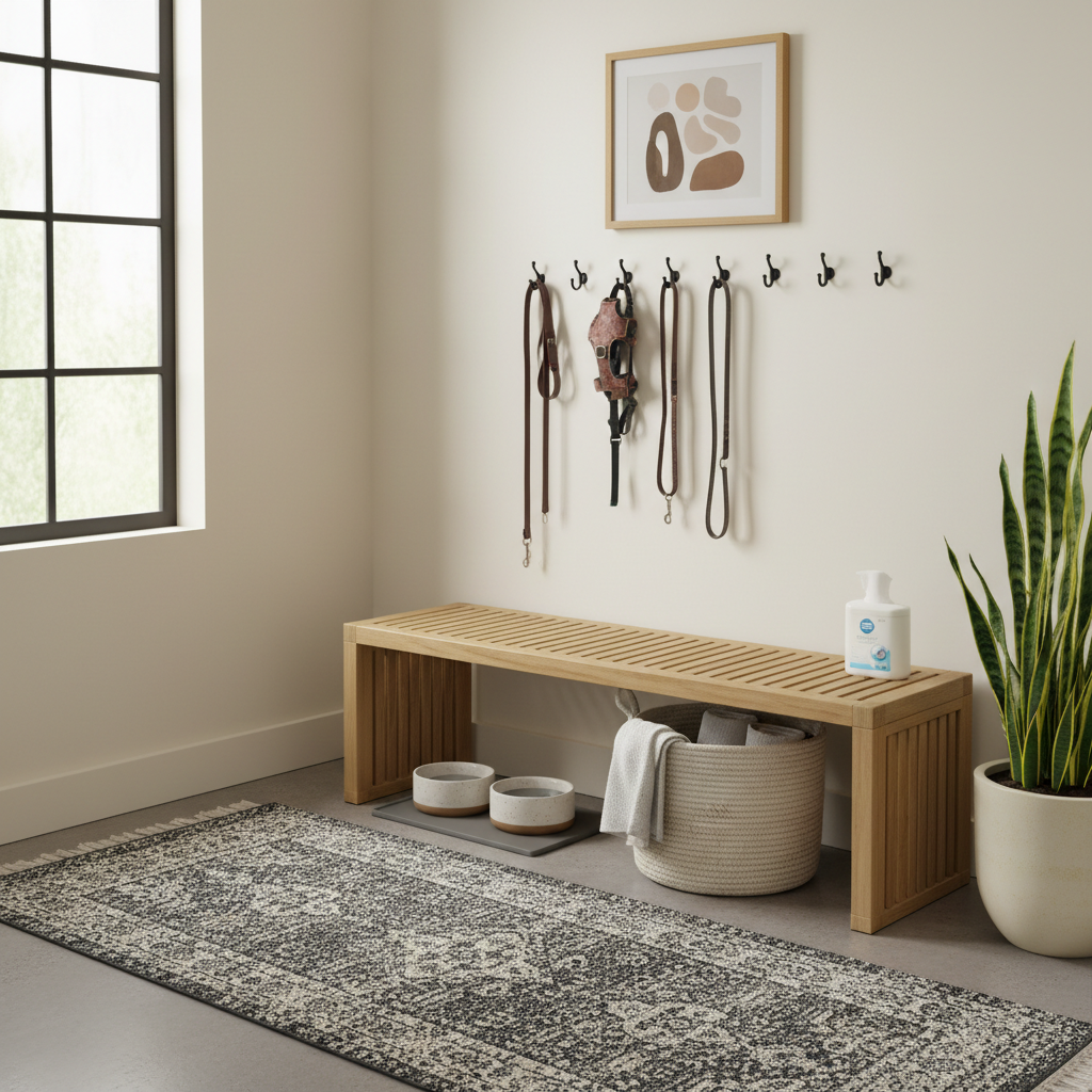 Entryway setup for pets with washable runner, hooks, and storage for wipes