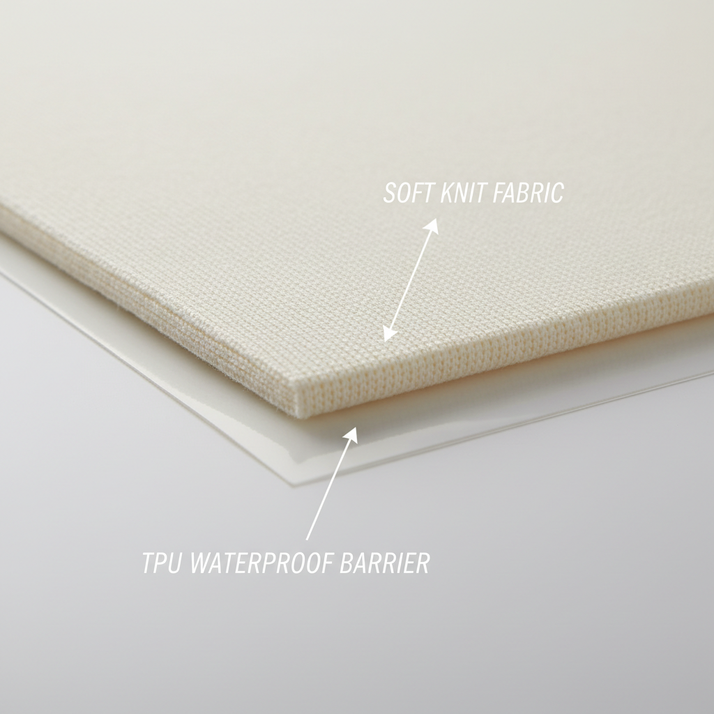Close-up of mattress protector layers showing fabric and waterproof TPU barrier