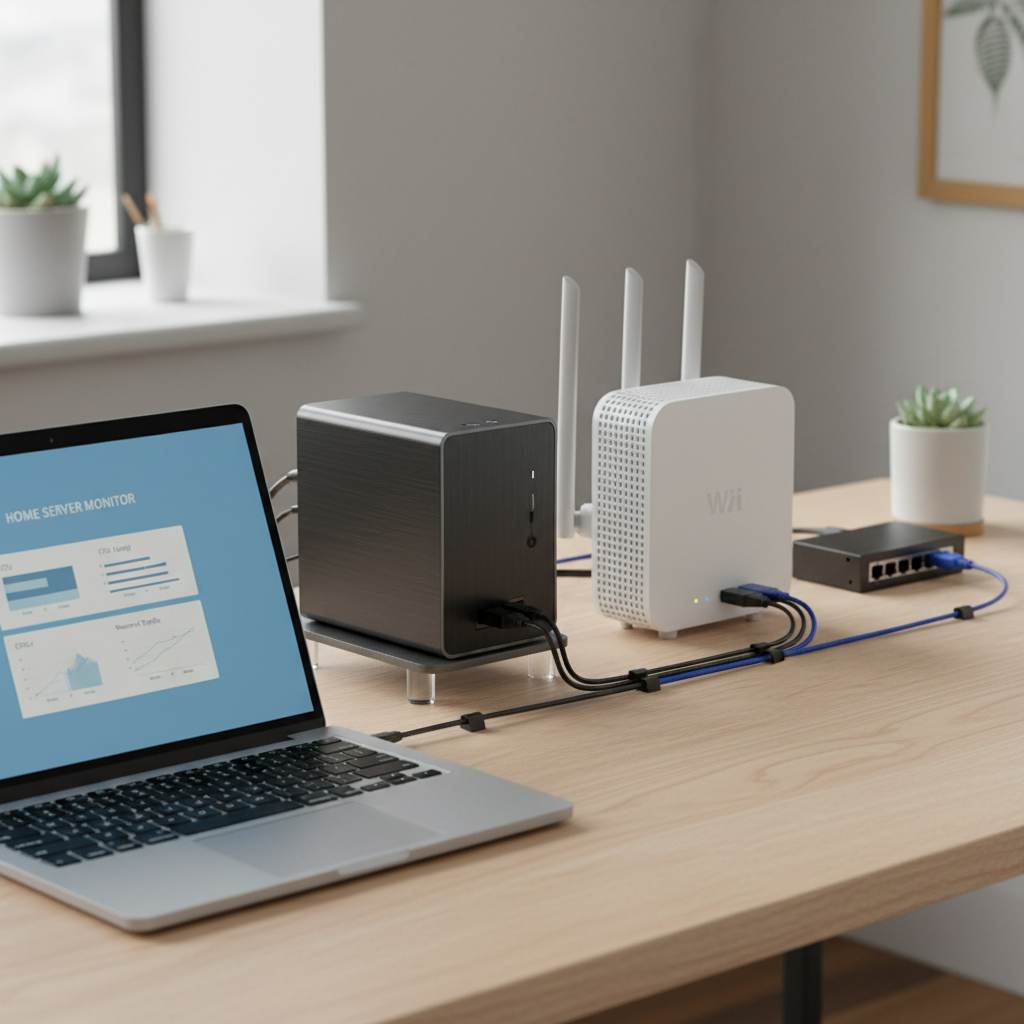 Beginner home web server setup on a desk with router and small computer