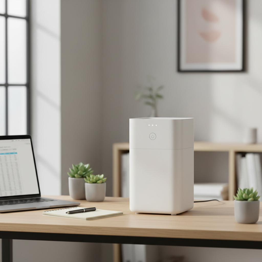 Budget air purifier on a desk in a small home office