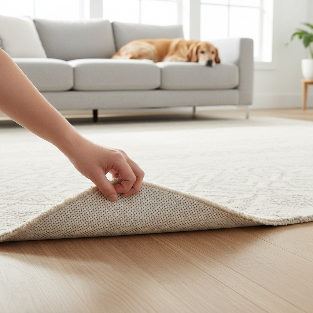 Washable low-pile rug with rug pad in a pet-friendly home
