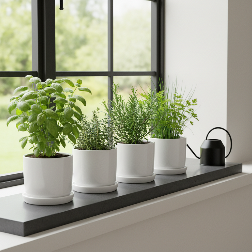 Neat herb windowsill setup with drip tray, saucers, and watering access