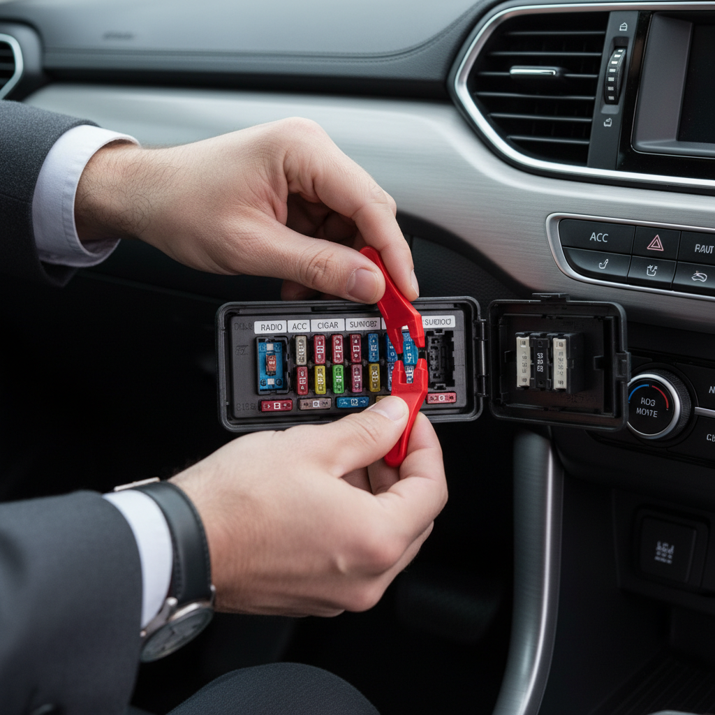 Checking car radio fuse in interior fuse box with fuse puller