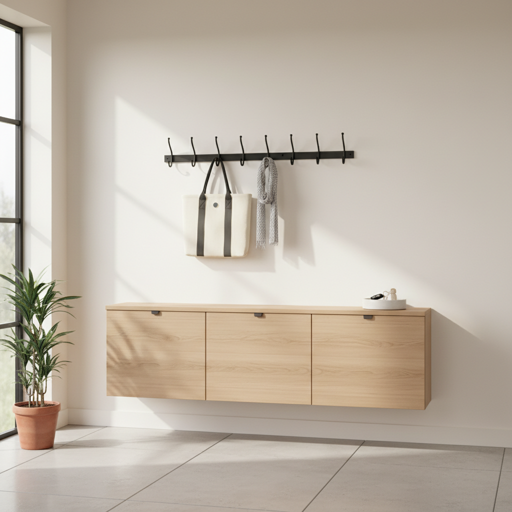 Wall-mounted shoe cabinet and hook rail creating a slim mudroom setup in a narrow hallway