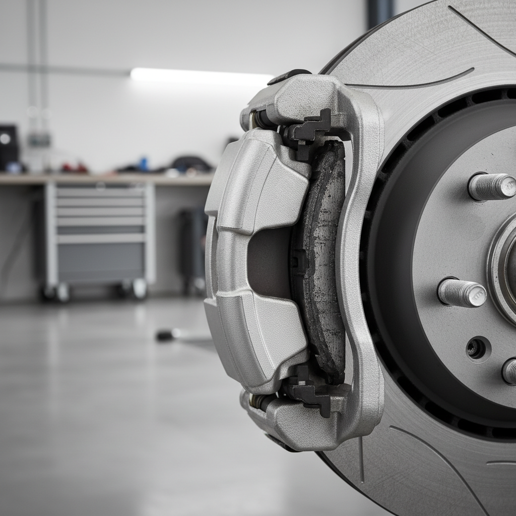 Close-up of a disc brake caliper and rotor with worn front brake pads