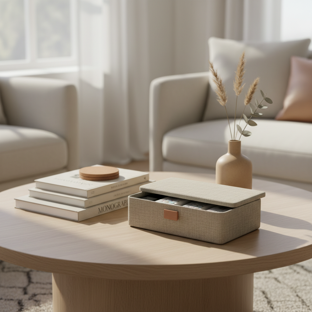 Low-profile decorative storage box on a coffee table hiding remotes and coasters