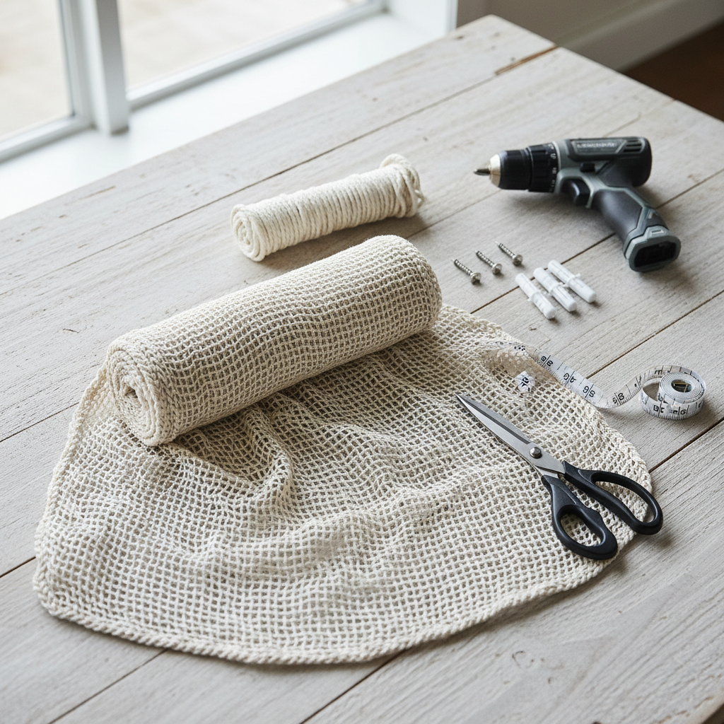 DIY fruit hammock materials: mesh fabric, cotton cord, screw hooks, and measuring tape on a table