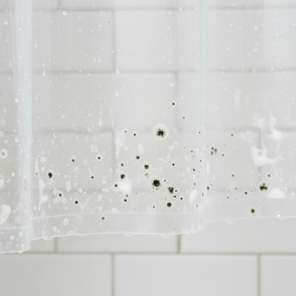 Close-up of mildew and soap scum on a shower curtain liner hem