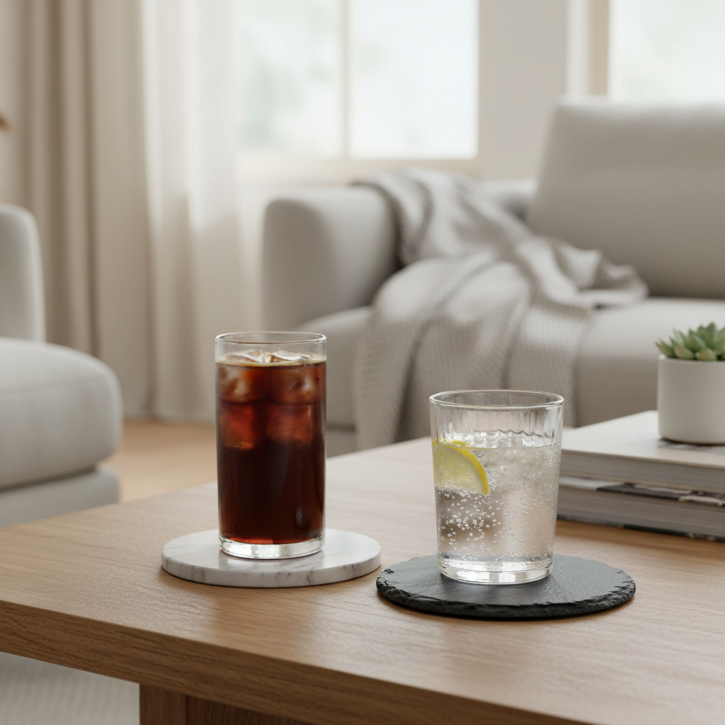Natural stone coasters on a coffee table protecting wood from condensation rings