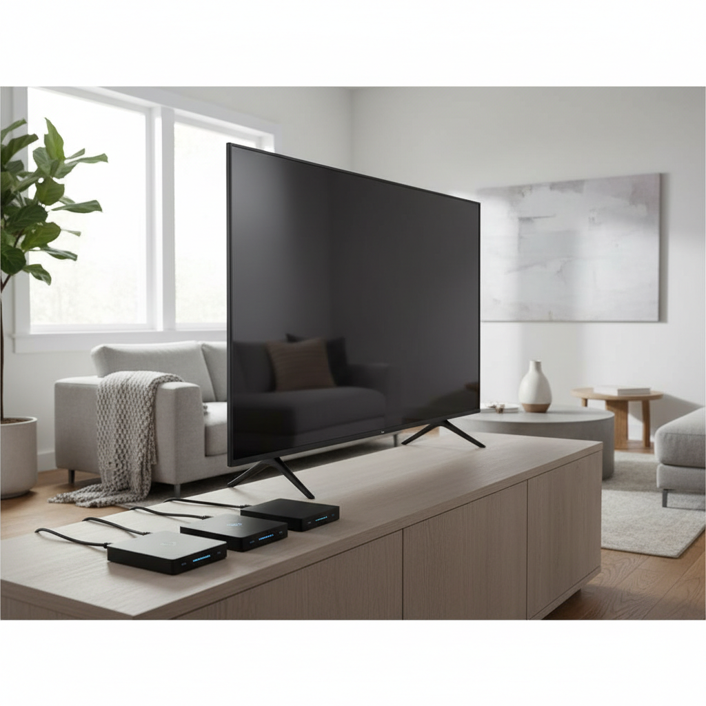 Affordable TV streaming boxes connected to a modern 4K television in a US living room setup