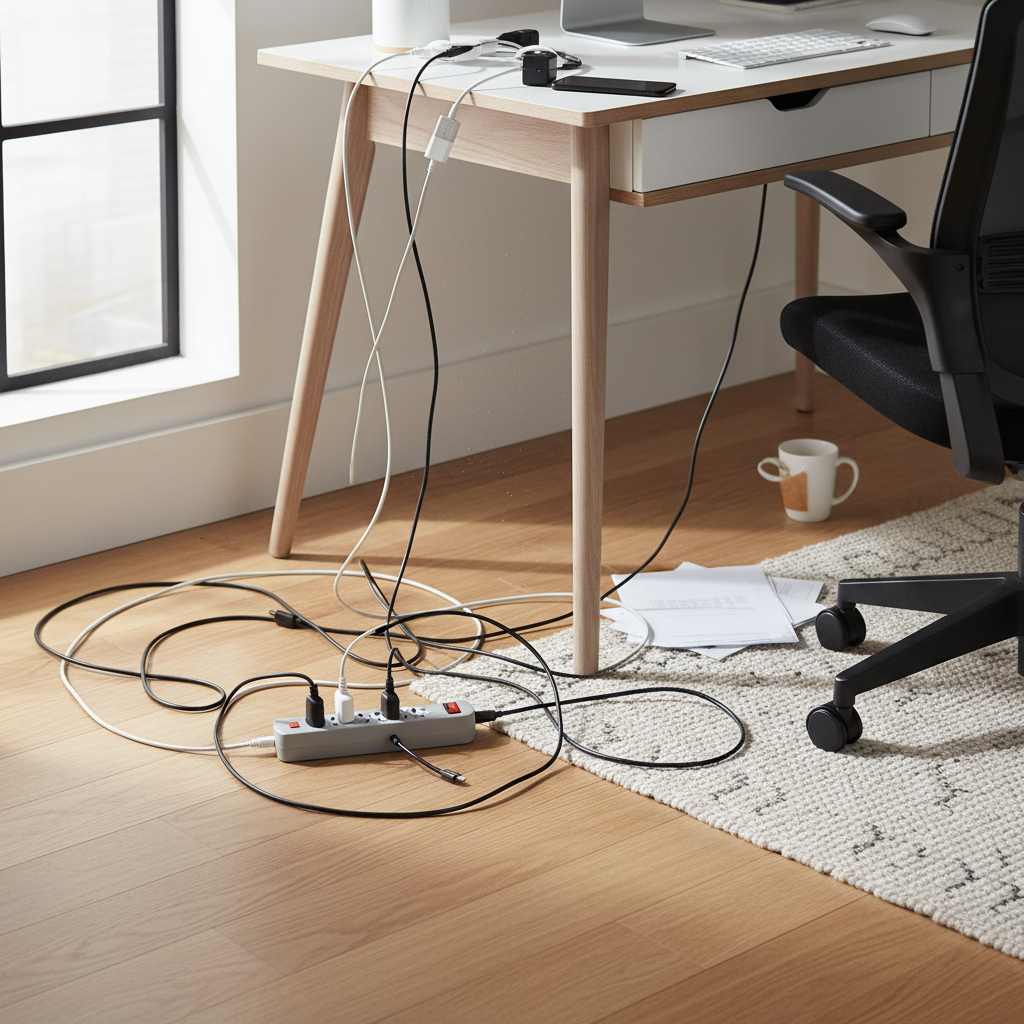 Tangled charging cables and extension cords on a floor before organizing