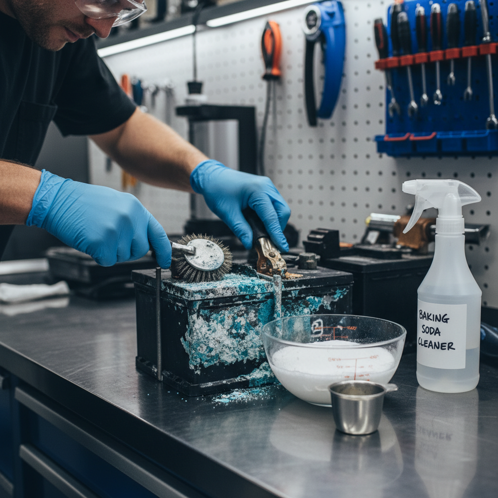 Car battery terminals with corrosion and cleaning brush and gloves