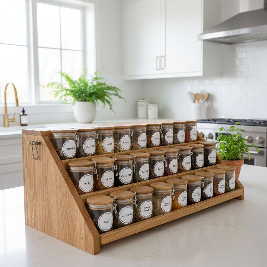 DIY wooden spice rack for kitchen countertop with labeled jars in a bright home kitchen