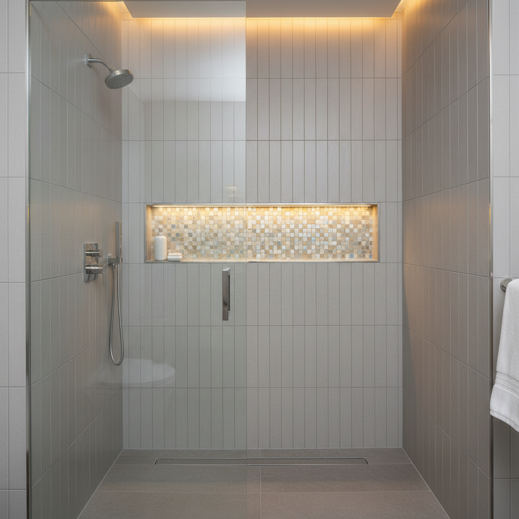 Modern shower wall tile layout with vertical stacking, recessed niche, and matching metal trim