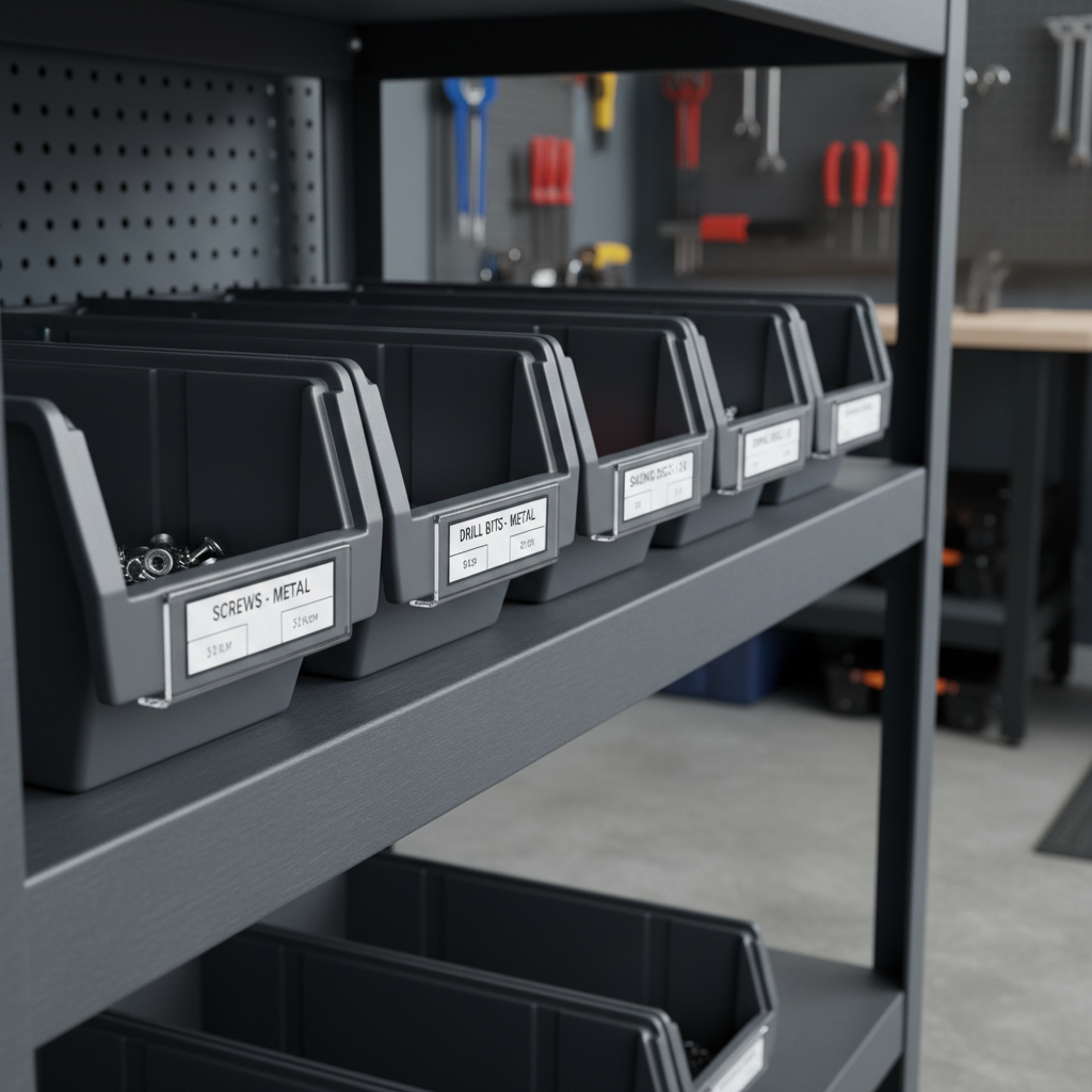 Labeling system for garage storage bins with clear categories and sizes