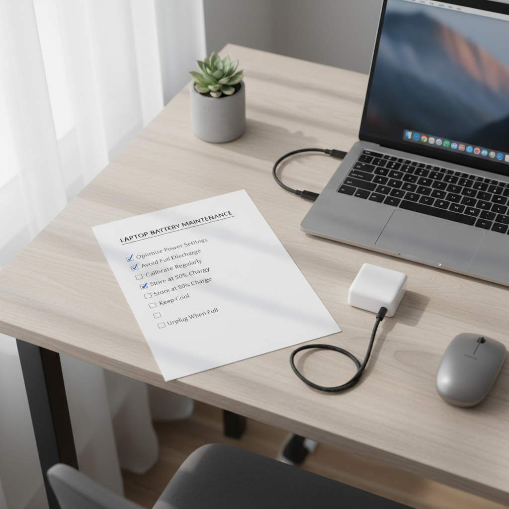 Laptop battery maintenance checklist on a workspace table