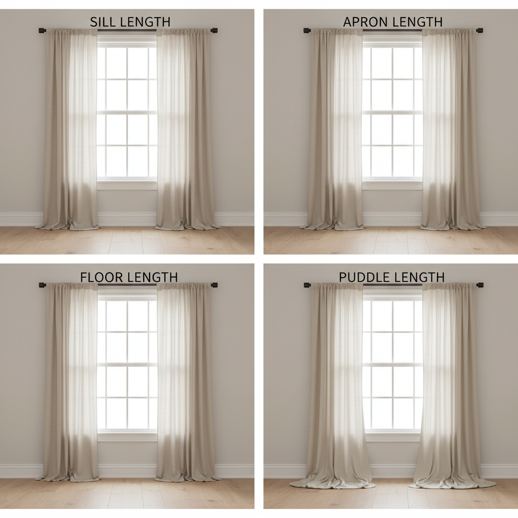 Curtain length options sill apron floor and puddle illustrated in a living room