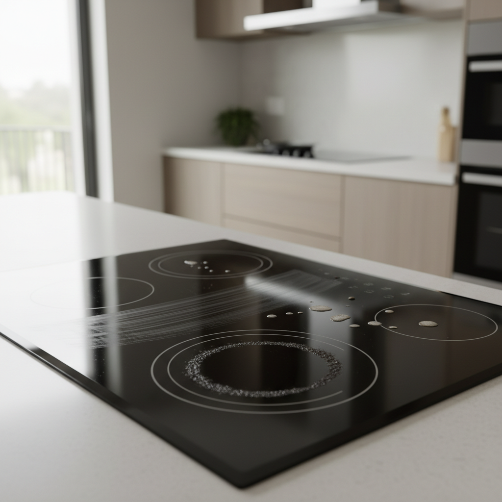 Ceramic glass cooktop with common stains and streaks before cleaning