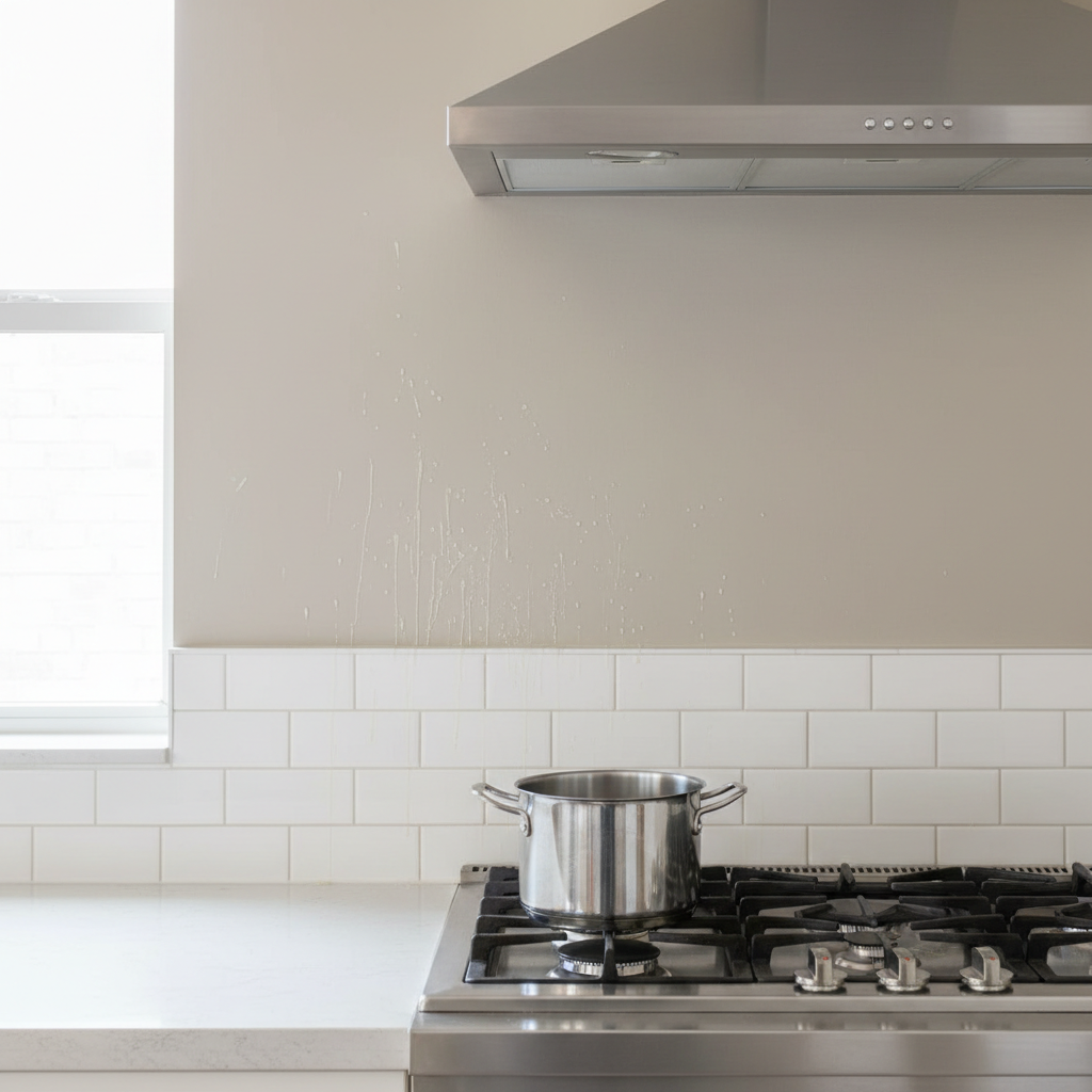 Grease stains on painted kitchen wall near stove backsplash