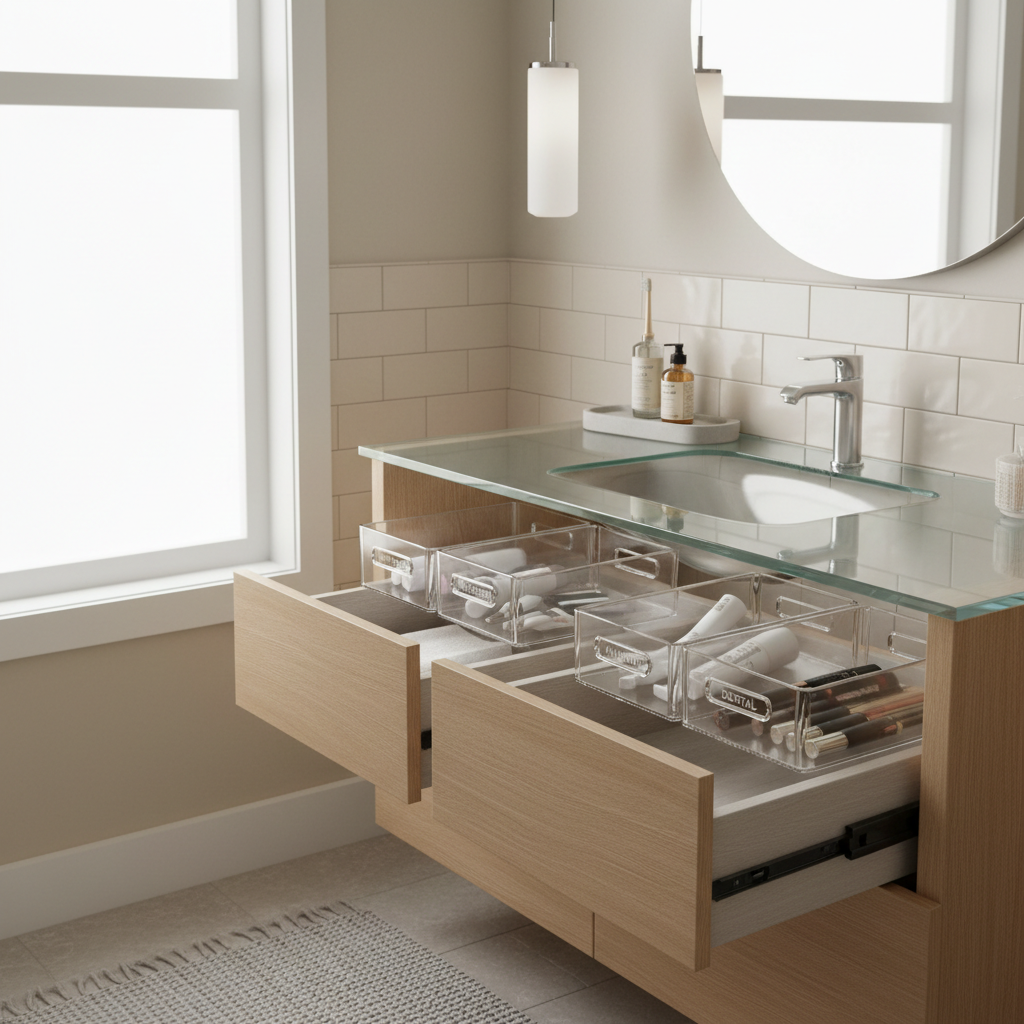 Organized bathroom vanity with labeled bins and a clear countertop