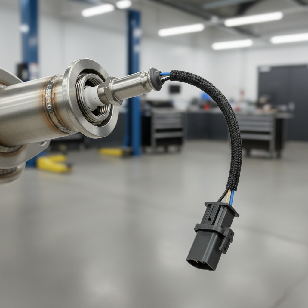 Mechanic-style close-up of oxygen sensor installed in exhaust with visible wiring harness