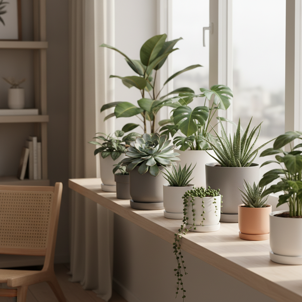 Indoor planters with drainage and saucers on a bright windowsill