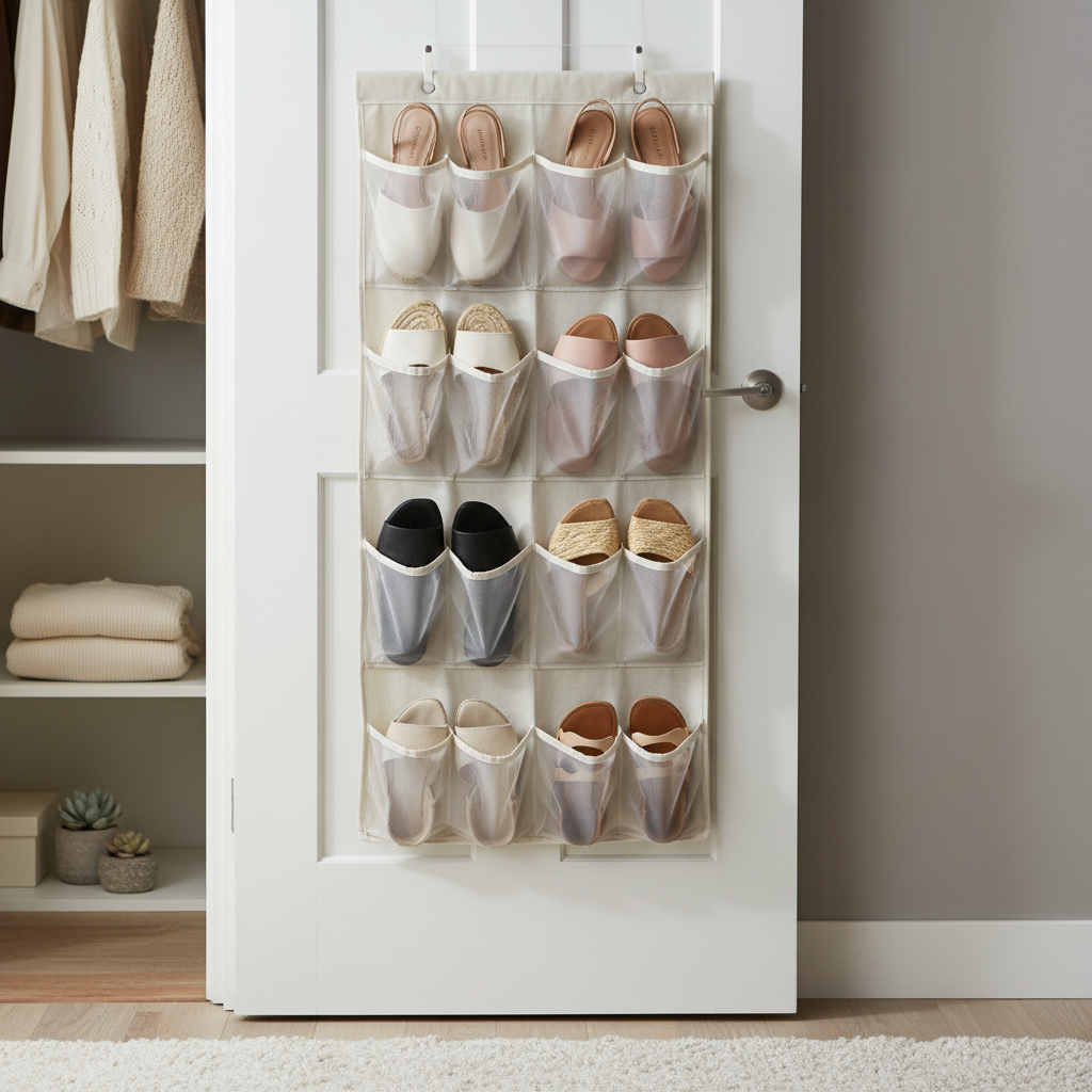 Over-the-door shoe organizer installed on a small closet door with flats and sandals neatly stored