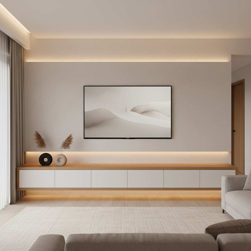 Modern media wall with closed cabinets hiding electronics and cords