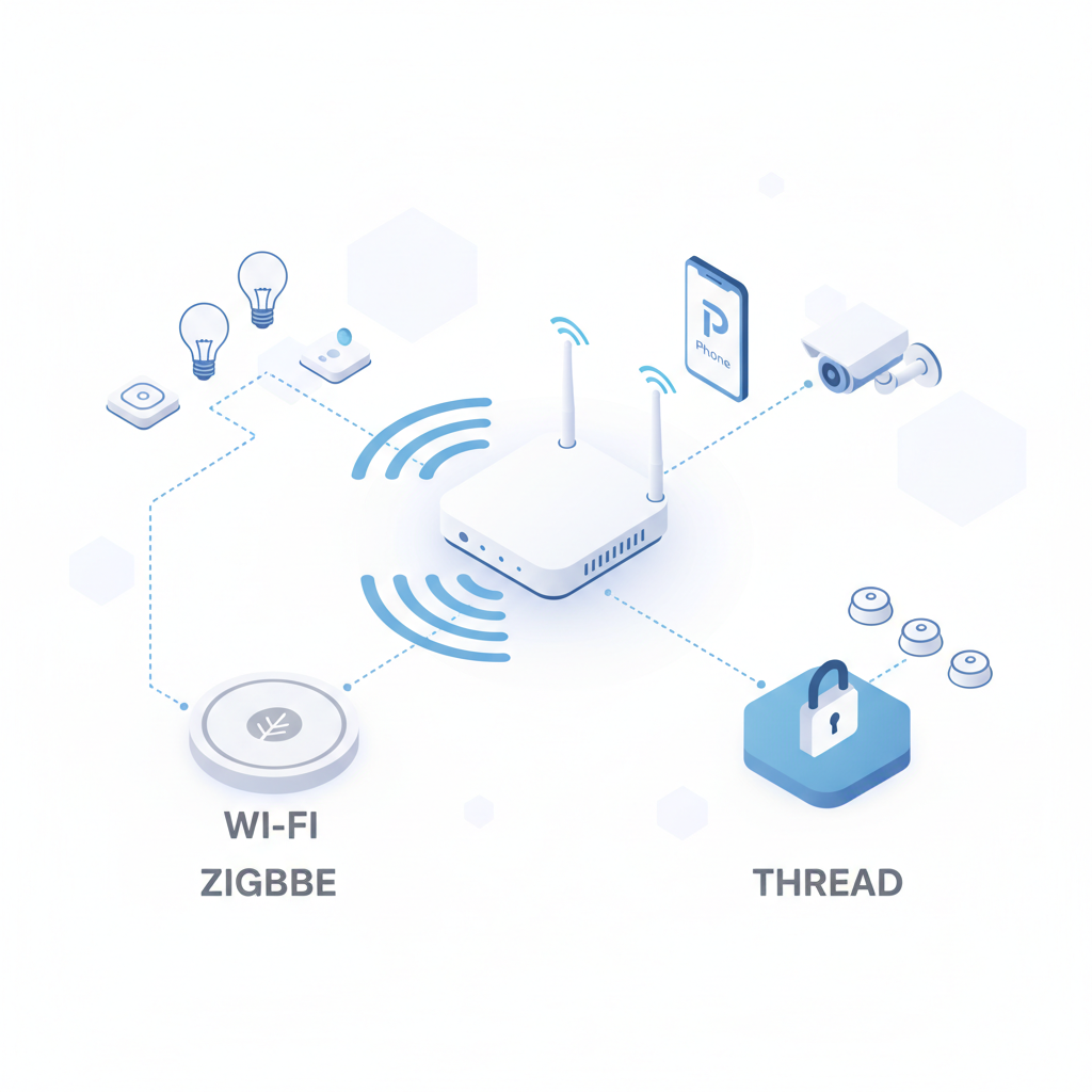 Diagram-style view of smart home connections: Wi-Fi router, Zigbee hub, Thread border router, and devices