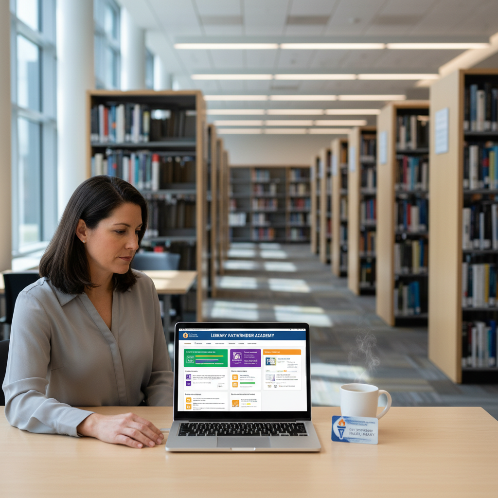 Public library learner using a laptop to access online courses with a library card