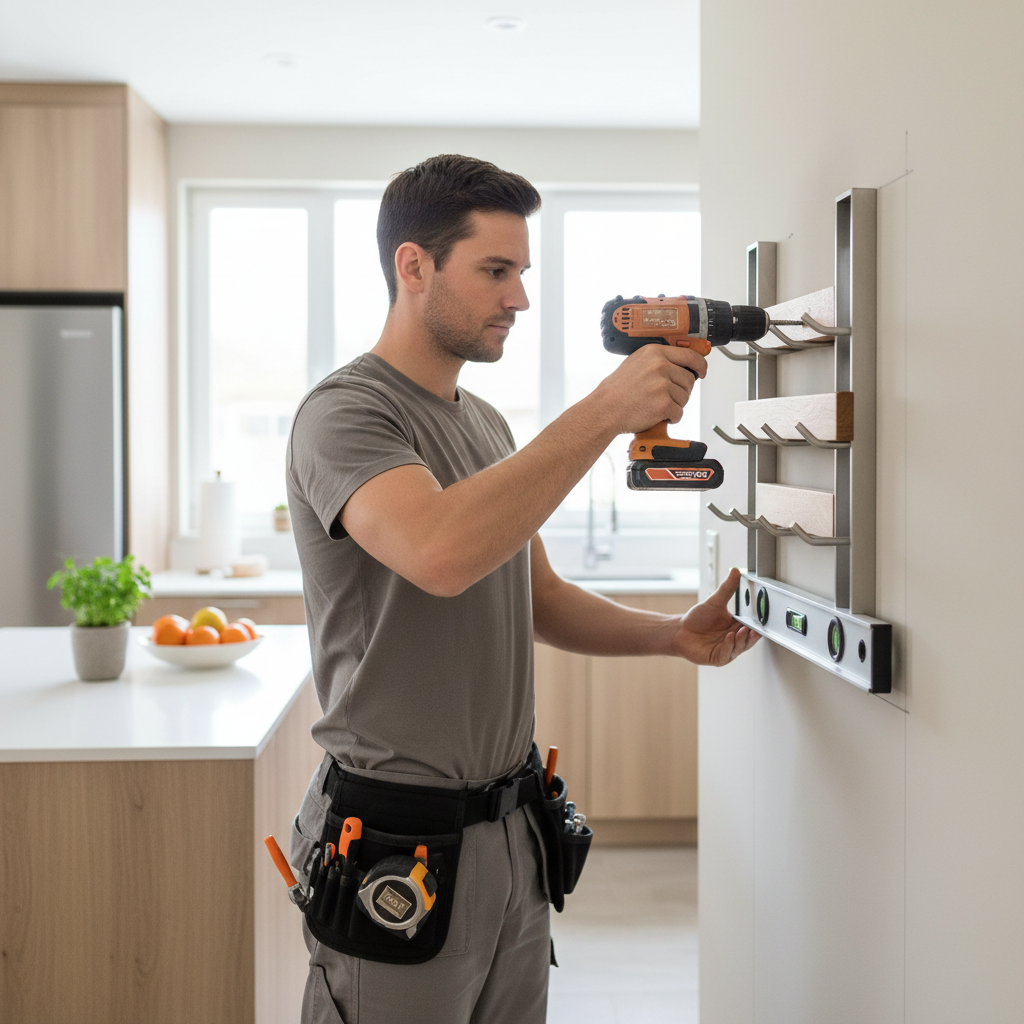 Installing a wall mounted wine rack into studs with a level and drill